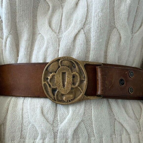 Vintage Womens 1970s Brown Leather Solid Brass Geometric Hippie Belt Sz L - Picture 1 of 5